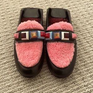 Fendi Rainbow-Studded Shearling & Leather Loafer, Black/Multi